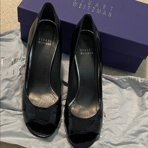 Stuart Weitzman Glossy Black Peep Toe Heels - size 9